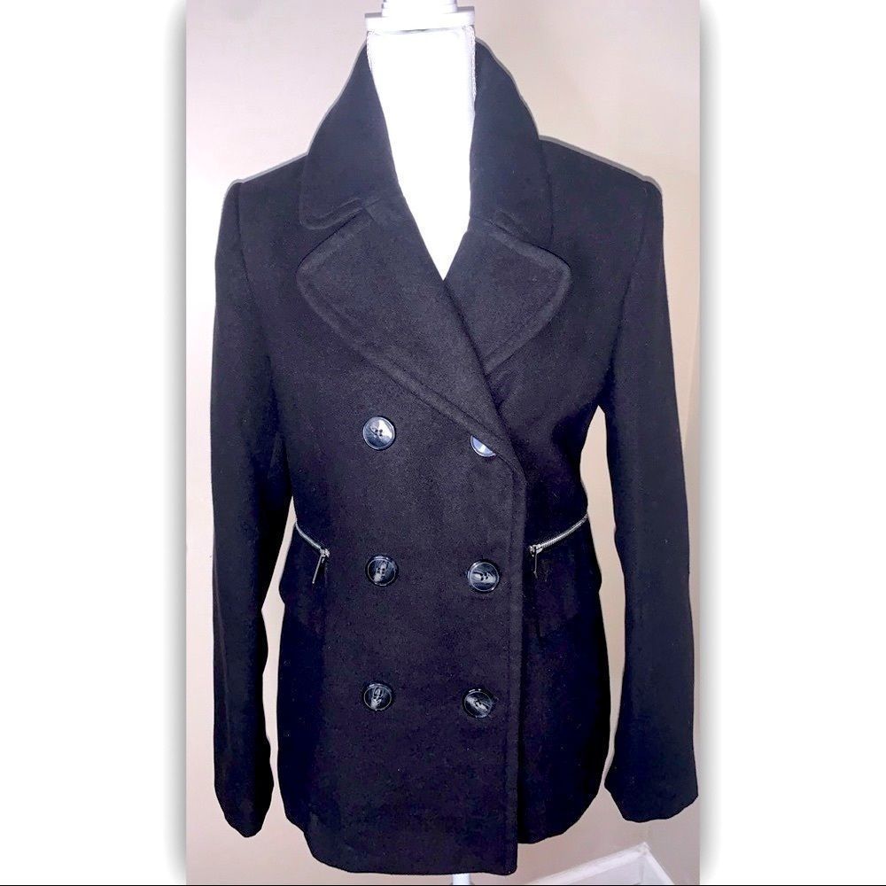 Maralyn & Me Medium Button Up Trench Pea Coat with two silver zipper pockets